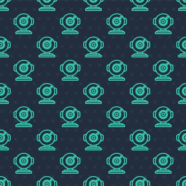 Yeşil çizgi web kamerası simgesi mavi arkaplanda kusursuz desen izole etti. Sohbet kamerası. Web kamerası simgesi. Vektör