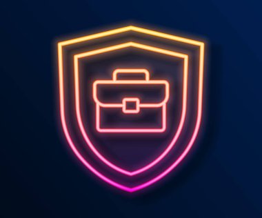 Siyah zemin üzerinde kalkan simgesi olan parlak neon çizgili evrak çantası. Sigorta konsepti. Güvenlik, güvenlik, koruma, konsept koruma. Vektör