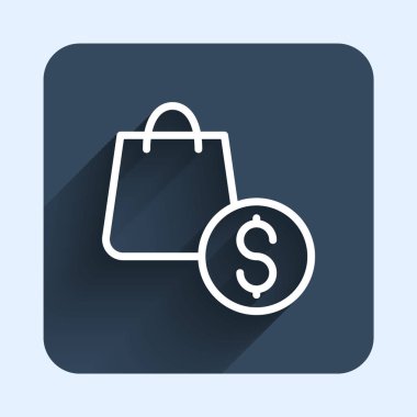 White line Shopping bag and dollar icon isolated with long shadow background. Handbag sign. Woman bag icon. Female handbag sign. Blue square button. Vector
