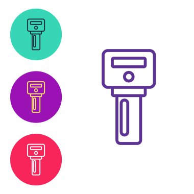 Çizgi Araba anahtarını beyaz arkaplanda izole edilmiş bir simgeye ayarla. Araba anahtarı ve alarm sistemi. Simgeleri renklendirin. Vektör