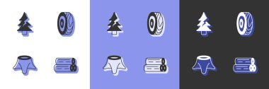 Set Wooden log, Tree, stump and rings icon. Vector
