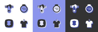 Set T-shirt on hanger, Zipper, Leather and Round adjustable embroidery hoop icon. Vector