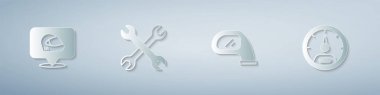 Set Racing helmet, Wrench spanner, Car mirror and Speedometer. Paper art style. Vector