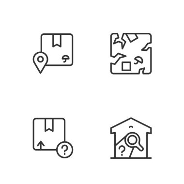 Set line Warehouse check, Carton cardboard box, Location with and Broken icon. Vector
