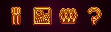 Set line Gardening scissors, Agriculture wheat field farm, Fruit trees and Sickle. Glowing neon icon. Vector