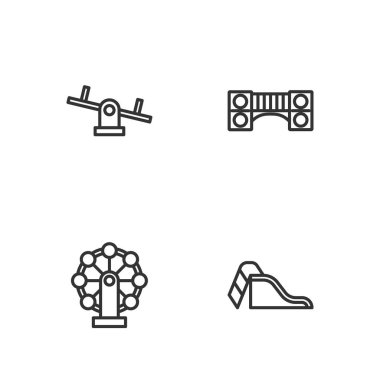 Set line Slide playground, Ferris wheel, Seesaw and Playground kids bridge icon. Vector