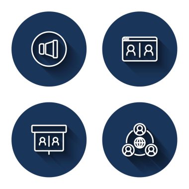 Set line Speaker volume, Video chat conference,  and Meeting with long shadow. Blue circle button. Vector