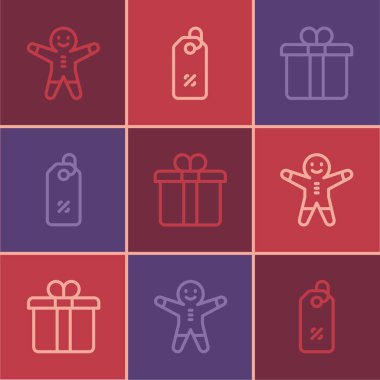 Set line Holiday gingerbread man cookie, Gift box and Discount percent tag icon. Vector