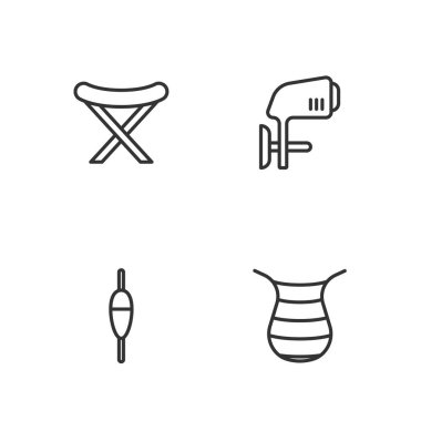 Set line Fishing net, float, Camping folding chair and Outboard boat motor icon. Vector