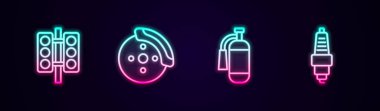 Set line Racing traffic light, Car brake disk with caliper, Fire extinguisher and spark plug. Glowing neon icon. Vector