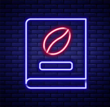 Glowing neon line Coffee book icon isolated on brick wall background. Colorful outline concept. Vector