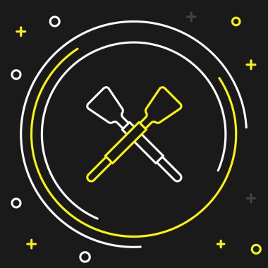 Çizgiyi aşan kürekler ya da kürekler siyah arkaplanda izole edilmiş tekne simgesi. Renkli taslak konsepti. Vektör