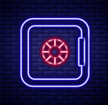 Parlayan neon hattı tuğla duvar arka planında güvenli simge izole edildi. Kapı, şifreli bir banka kasası. Güvenilir Veri Koruma. Renkli taslak konsepti. Vektör