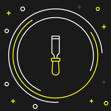 Ahşap simgesi için çizgi keski aracı siyah arkaplanda izole edildi. Renkli taslak konsepti. Vektör