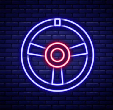 Parlayan neon hattı yarış direksiyonu ikonu tuğla duvar arka planında izole edilmiş. Araba tekeri ikonu. Renkli taslak konsepti. Vektör