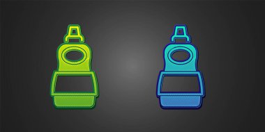 Green and blue Dishwashing liquid bottle icon isolated on black background. Liquid detergent for washing dishes.  Vector