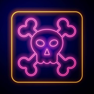 Glowing neon Skull on crossbones icon isolated on black background. Happy Halloween party.  Vector