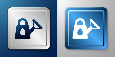 White Watering can icon isolated on blue and grey background. Irrigation symbol. Silver and blue square button. Vector