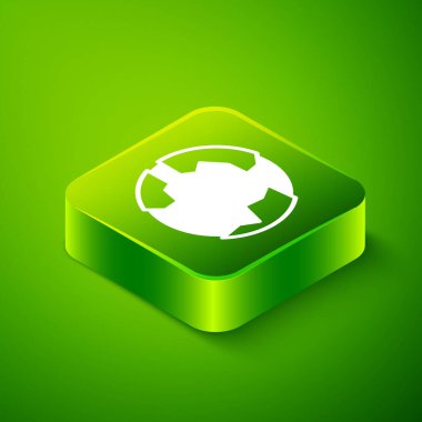 Isometric Worldwide simgesi yeşil arkaplanda izole edildi. Yerküreye iğnele. Yeşil kare düğmesi. Vektör