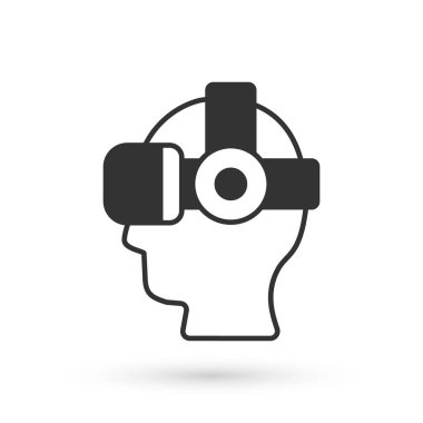 Beyaz arka planda izole edilmiş gri sanal gerçeklik gözlüğü simgesi. Stereoskopik 3D VR maskesi. Optik baş monte edildi. Vektör