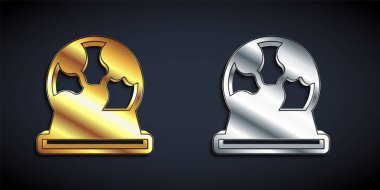 Altın ve gümüş top ikonu siyah arkaplanda izole edilmiş. Kristal küre. Uzun gölge tarzı. Vektör