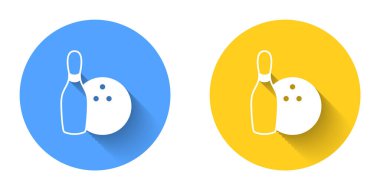 White Bowling pin and ball icon isolated with long shadow background. Sport equipment. Circle button. Vector