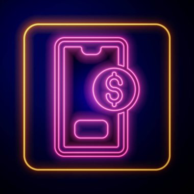 Glowing neon Smartphone with dollar symbol icon isolated on black background. Online shopping concept. Financial mobile phone icon. Online payment.  Vector