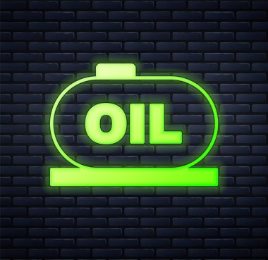 Parlayan neon yağı depolama ikonu tuğla duvar arka planında izole edildi. Petrol ve gaz endüstrisi için gemi deposu. Petrol tankı teknoloji istasyonu. Vektör