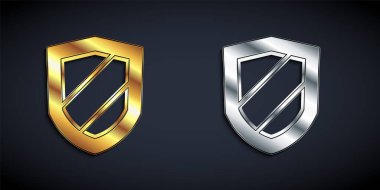Altın ve gümüş renkli Shield simgesi siyah arkaplanda izole edildi. Gardiyan. Güvenlik, güvenlik, koruma, gizlilik kavramı. Uzun gölge tarzı. Vektör