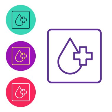 Beyaz arkaplanda çizgi halinde kan testi ve virüs molekülü koronavirüs ikonu belirleyin. Coronavirus, COVID-19. 2019-nCoV. Simgeleri renklendirin. Vektör
