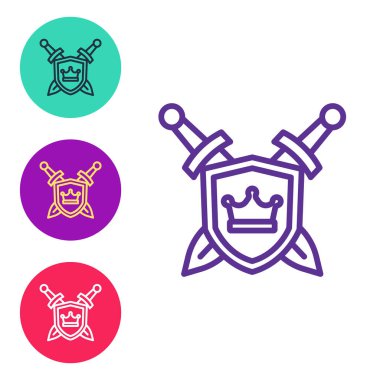 Orta Çağ kalkanını çapraz kılıç simgesiyle beyaz arkaplanda izole et. Simgeleri renklendirin. Vektör