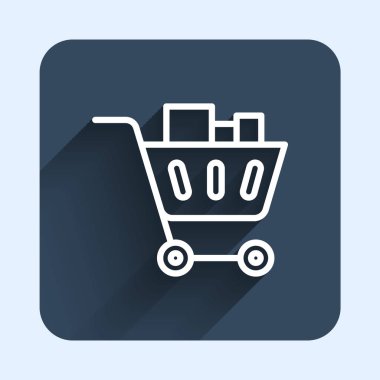 White line Shopping cart and food icon isolated with long shadow background. Food store, supermarket. Blue square button. Vector