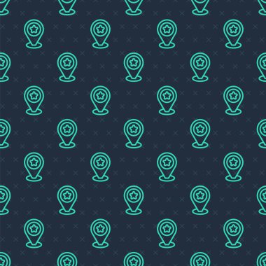 Mavi zemin üzerinde yıldız simgesi izole edilmiş yeşil çizgi haritası işaretçisi. Yıldız favori iğne haritası simgesi. Harita işaretleyicileri. Vektör