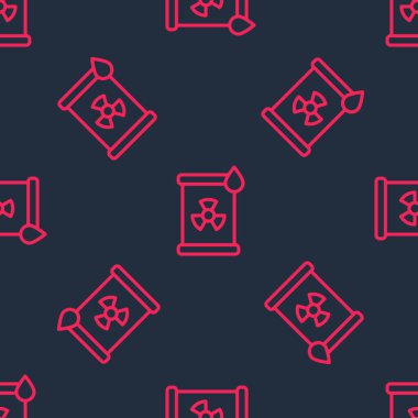 Red line Radioactive waste in barrel icon isolated seamless pattern on black background. Toxic refuse keg. Radioactive garbage emissions, environmental pollution.  Vector
