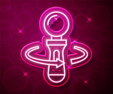 Parlayan neon hattı VR denetleyici oyun simgesi kırmızı arkaplanda izole edildi. Sanal gerçeklik deneyimi, mevcudiyet hissi, konum takip teknolojisi cihazı. Vektör