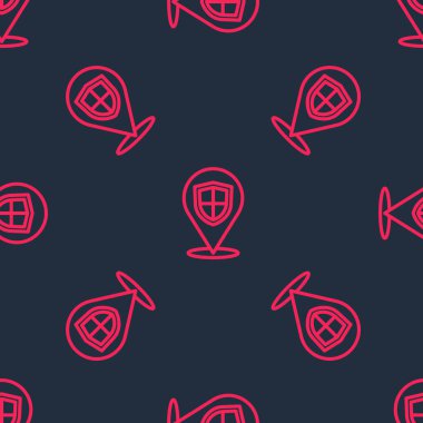 Kırmızı çizgi konum kalkanı simgesi siyah arkaplanda izole edilmiş. Sigorta konsepti. Gardiyan. Güvenlik, güvenlik, koruma, gizlilik kavramı. Vektör