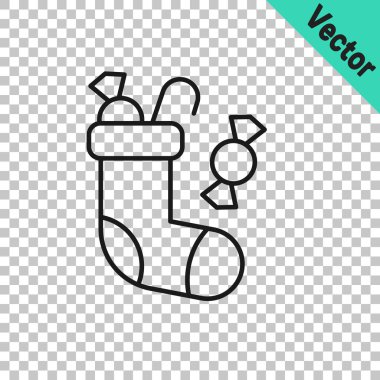 Şeffaf arka planda siyah çizgi Noel çorap ikonu izole. Mutlu Noeller ve mutlu yıllar. Vektör