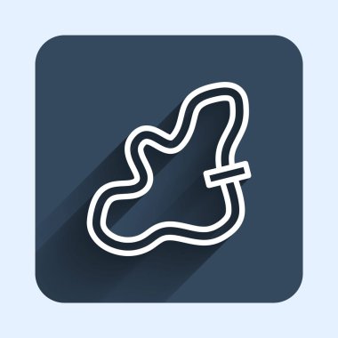 Beyaz çizgi yarış pisti simgesi uzun gölge arkaplanı ile izole edildi. Mavi kare düğme. Vektör