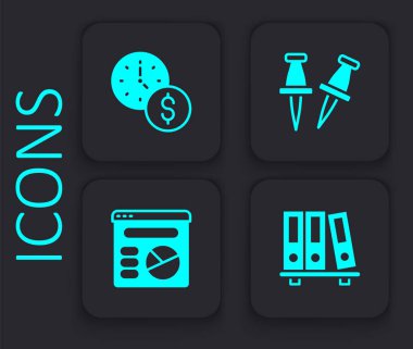 Set Office folders, Time is money, Push pin and Pie chart infographic icon. Black square button. Vector
