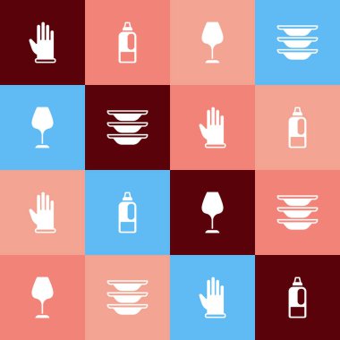 Set pop art Rubber gloves, Bottle for detergent, Wine glass and Washing dishes icon. Vector