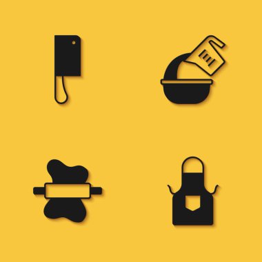 Set Meat chopper, Kitchen apron, Rolling pin dough and Measuring cup and bowl icon with long shadow. Vector