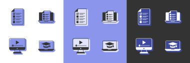 Set Graduation cap on laptop, Online quiz, test, survey, play video and  icon. Vector