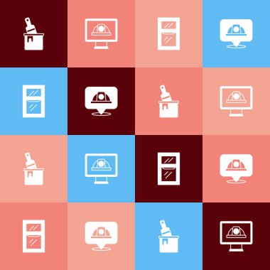 Set pop art Paint bucket with brush, Worker safety helmet, Window room and  icon. Vector