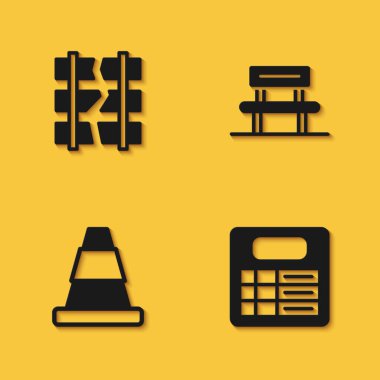 Set Broken or cracked railway, Train station board, Traffic cone and Waiting hall icon with long shadow. Vector