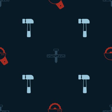Set Electric circular saw, Metallic nail and Hammer on seamless pattern. Vector