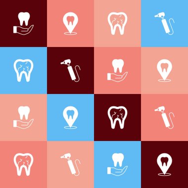 Set pop art Tooth, Dental clinic location, Broken tooth and drill icon. Vector