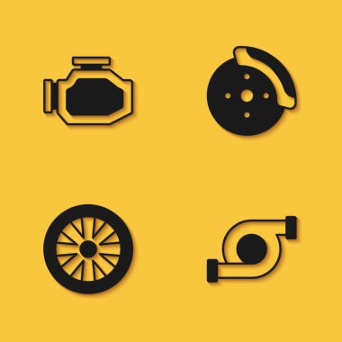 Set Check engine, Automotive turbocharger, Alloy wheel for car and Car brake disk with caliper icon with long shadow. Vector