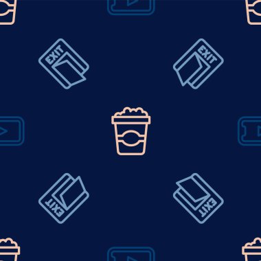 Set line Online play video, Fire exit and Popcorn cardboard box on seamless pattern. Vector