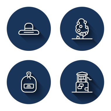 Set line Farmer worker hat, Fruit tree, Pack full of seeds and Well with long shadow. Blue circle button. Vector