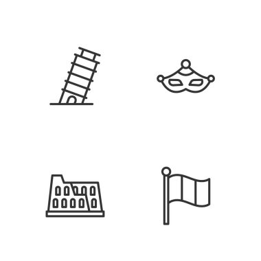 Set line Flag Italy, Coliseum, Leaning tower in Pisa and Carnival mask icon. Vector